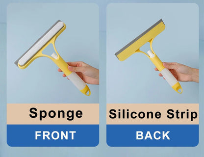 Blue 3-in-1 window cleaning squeegee with spray bottle, microfiber scrub pad, and handle for household or car glass cleaning.