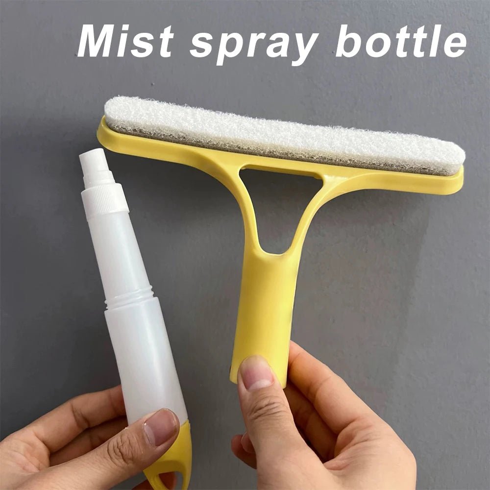 Blue 3-in-1 window cleaning squeegee with spray bottle, microfiber scrub pad, and handle for glass, mirror, and household use.