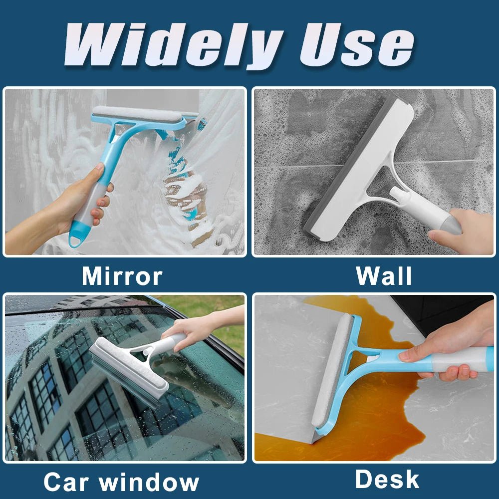 Blue 3-in-1 window cleaning squeegee with spray bottle, microfiber scrub pad, and handle for household and car glass cleaning.