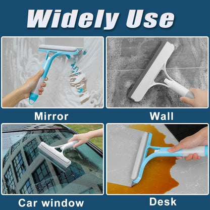 Blue 3-in-1 window cleaning squeegee with spray bottle, microfiber scrub pad, and handle for household and car glass cleaning.