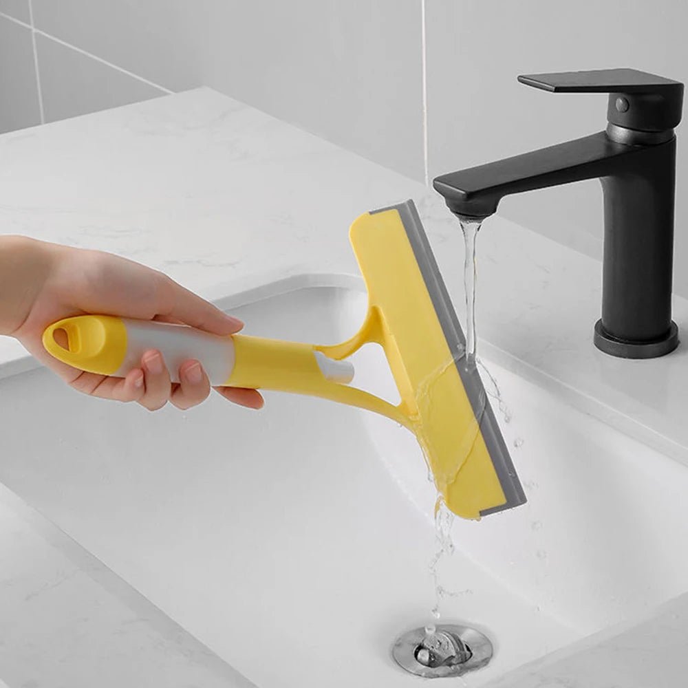 Blue 3-in-1 window cleaning squeegee with spray bottle and microfiber scrub, ideal for glass, mirrors, and household or car cleaning.