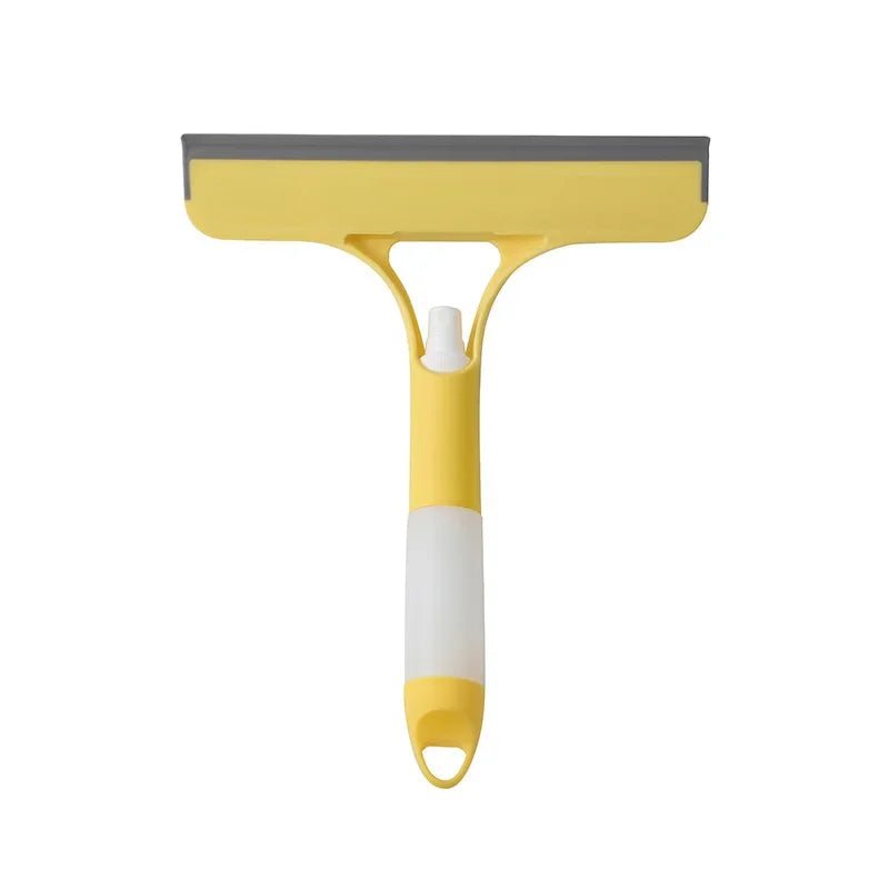 Blue 3-in-1 window cleaning squeegee with spray bottle, microfiber scrub pad, and handle for glass, mirrors, and household cleaning.