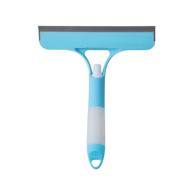 Blue 3-in-1 window cleaning squeegee with spray bottle, microfiber scrub pad, and handle for glass, mirror, and car cleaning.