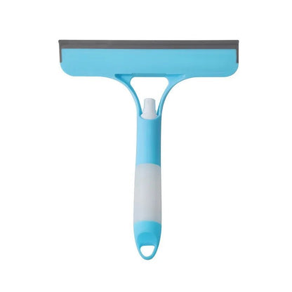Blue 3-in-1 window cleaning squeegee with spray bottle, microfiber scrub pad, and handle for glass, mirror, and car cleaning.