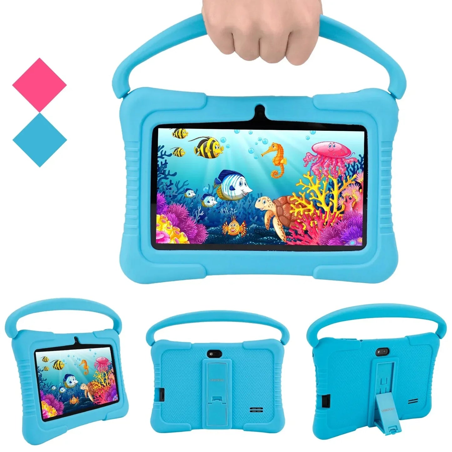 Blue 7-inch rugged Android tablet for kids with parental control app, educational features, 32GB storage, silicone case.