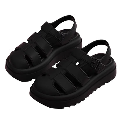 Women’s blue chunky platform Roman style sandals with closed toe, soft straps, non-slip sole, perfect for summer beach and casual wear.