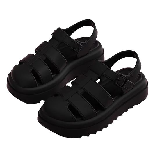 Women’s blue chunky platform Roman style sandals with closed toe, soft straps, non-slip sole, perfect for summer beach and casual wear.