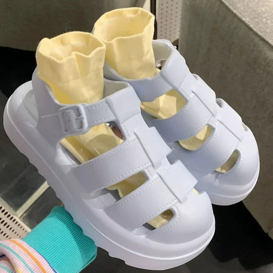 Women’s blue chunky platform Roman-style sandals with closed toes, soft summer shoes, non-slip soles, perfect for beach and casual wear.