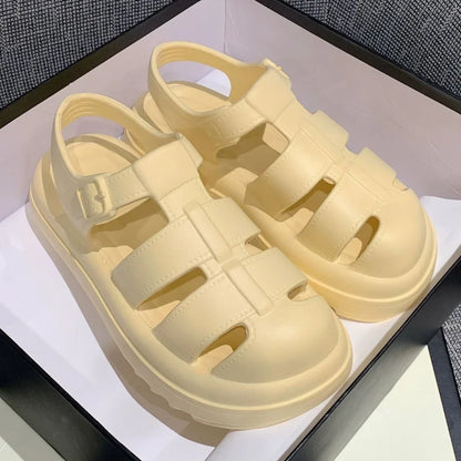 Women’s chunky platform Roman style sandals, blue, closed toe, non-slip beach slides perfect for summer fashion and elegant comfort.