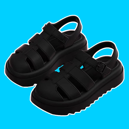 Women’s chunky platform Roman style sandals in blue with closed toes, soft non-slip soles, perfect for summer beach wear.