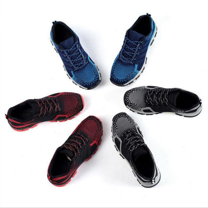 Steel toe safety shoes for men and women, blue BackupMyFilesNow.com brand work shoes with protective toe caps and durable design.