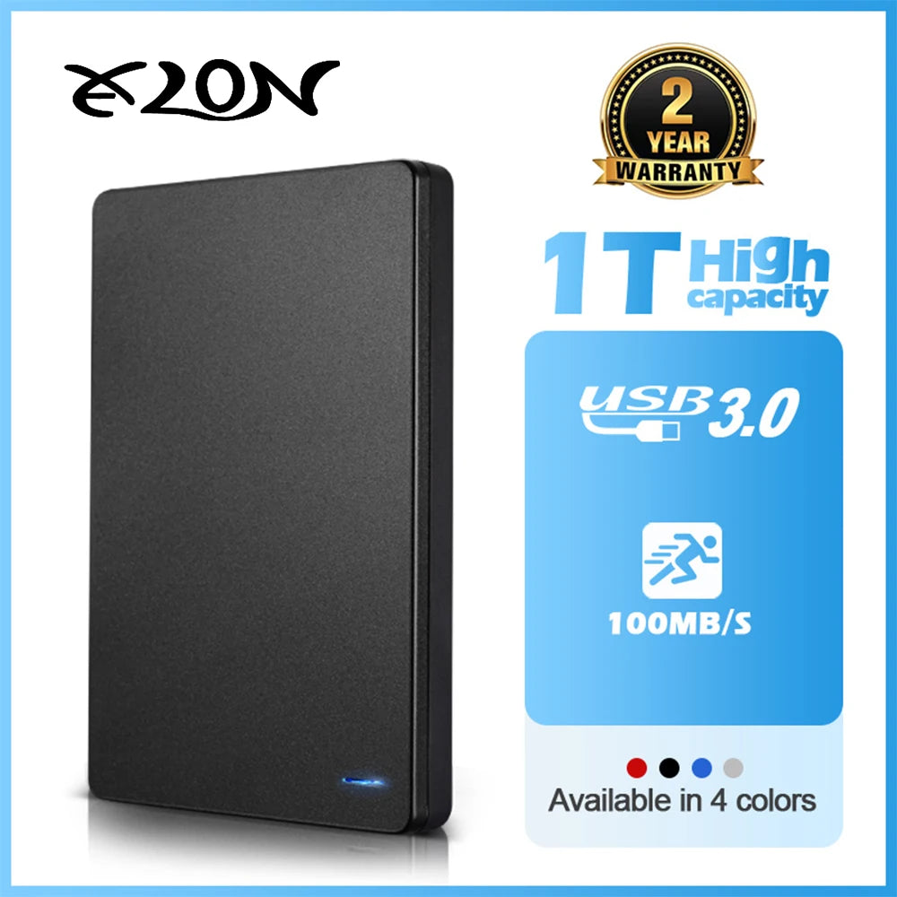 Blue 500GB portable external hard drive with USB 3.0, metal casing, compatible with laptop, PC, MacBook, PS4, and PS5.
