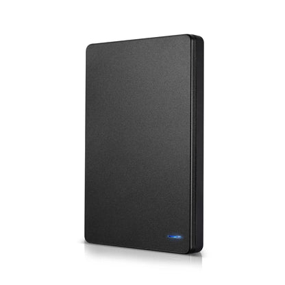 Blue 500GB portable external hard drive by BackupMyFilesNow.com with USB 3.0, metal casing, for laptop, PC, MacBook, PS4, and PS5.
