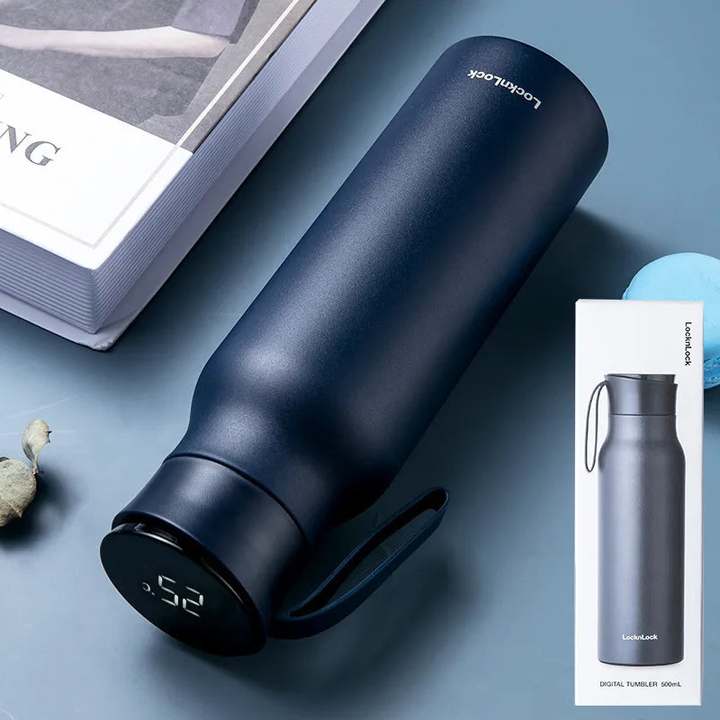 Blue stainless steel portable vacuum cup by BACKUPMYFILESNOW.COM®, 500ml capacity, with a sleek design and spill-proof lid.