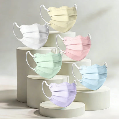 Blue disposable face masks with wide flat earloops, individually wrapped, 3-layer spunlace non-woven fabric, lightweight and comfortable.