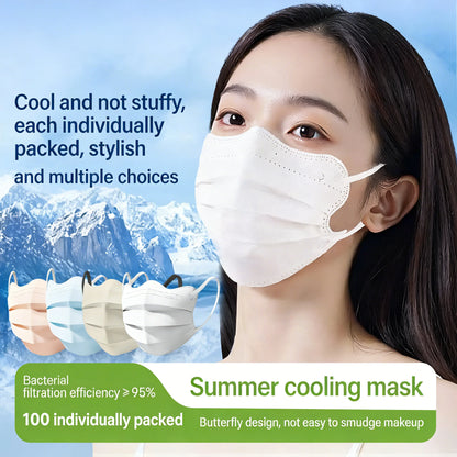 Blue disposable face masks with wide flat earloops, individually wrapped, 3-layer spunlace non-woven for lightweight daily protection.