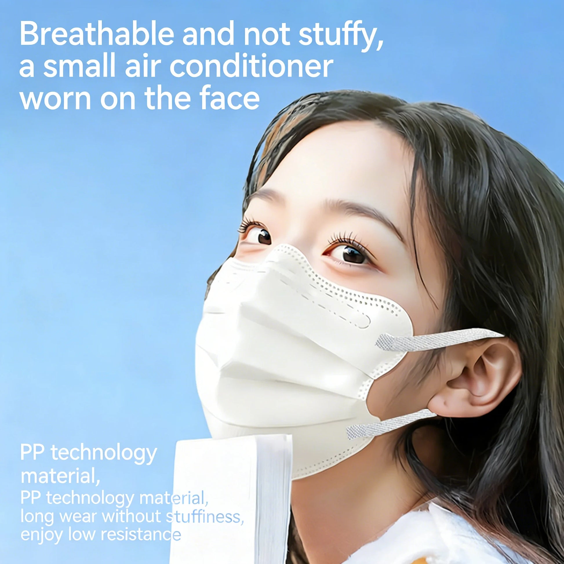 Blue disposable face masks with wide flat earloops, individually wrapped, 3-layer spunlace non-woven masks for daily lightweight protection.