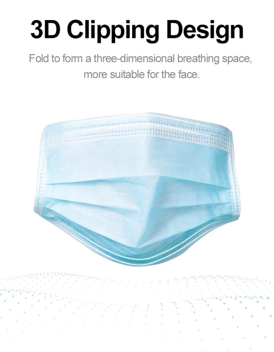 Blue 3-layer disposable face masks with elastic ear loops, made of non-woven meltblown fabric for dust protection.