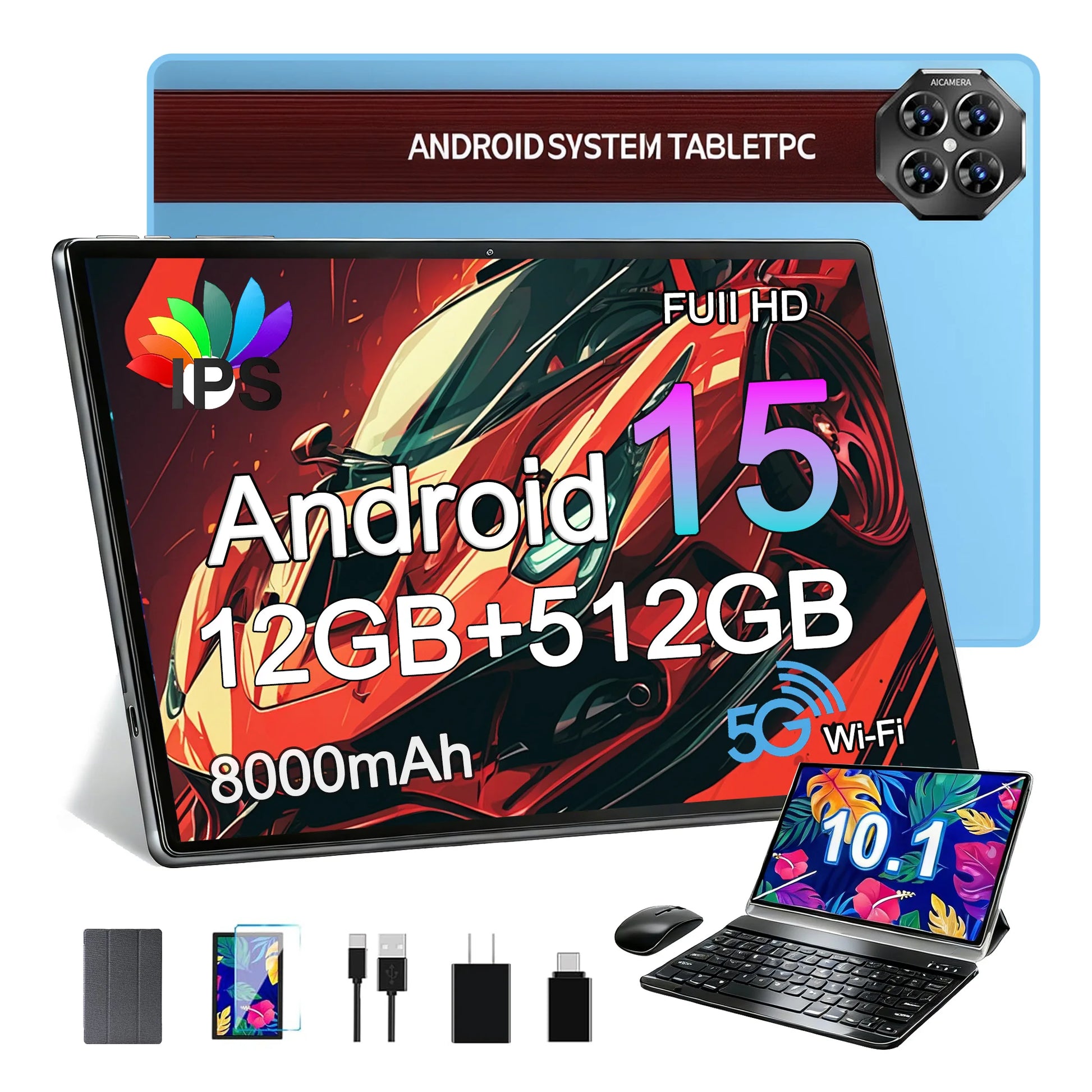 Blue 10.1-inch Android 15 tablet with 12GB RAM, 512GB storage, MTK Octa Core, 5G Wi-Fi, dual SIM, and 8000mAh battery.