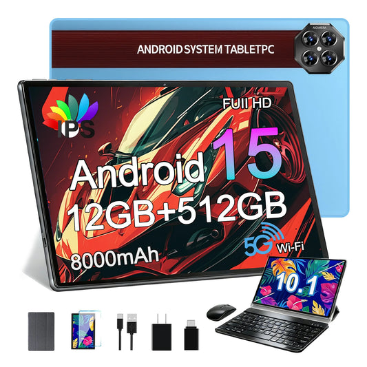 Blue 10.1-inch Android 15 tablet with 12GB RAM, 512GB storage, MTK Octa Core, 5G Wi-Fi, dual SIM, and 8000mAh battery.