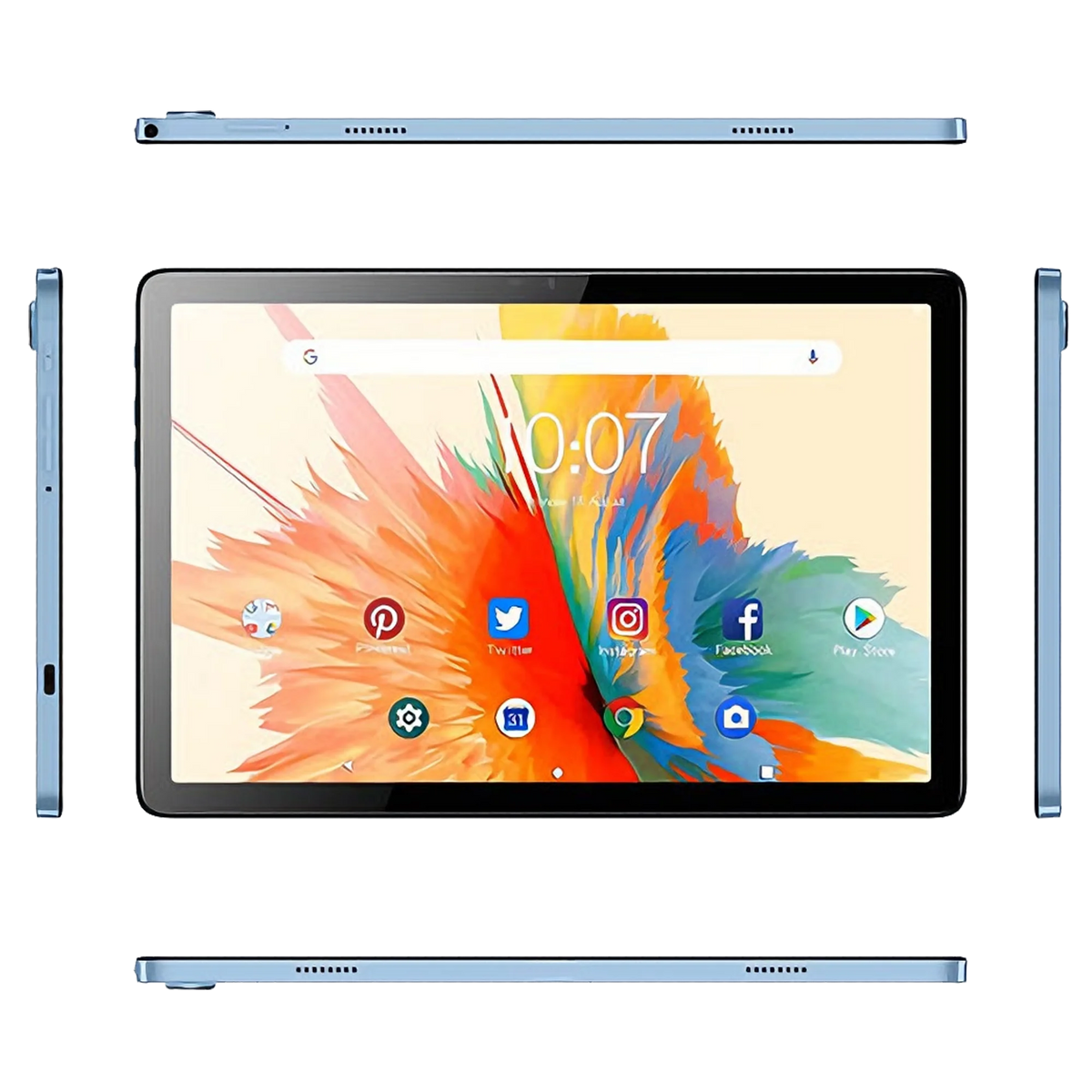 Blue 10.1-inch Android 15 tablet with 12GB RAM, 512GB storage, Octa Core processor, 5G, dual SIM, and capacitive touch screen.