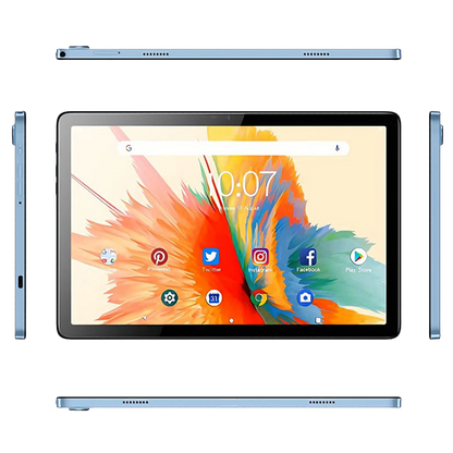 Blue 10.1-inch Android 15 tablet with 12GB RAM, 512GB storage, Octa Core processor, 5G, dual SIM, and capacitive touch screen.