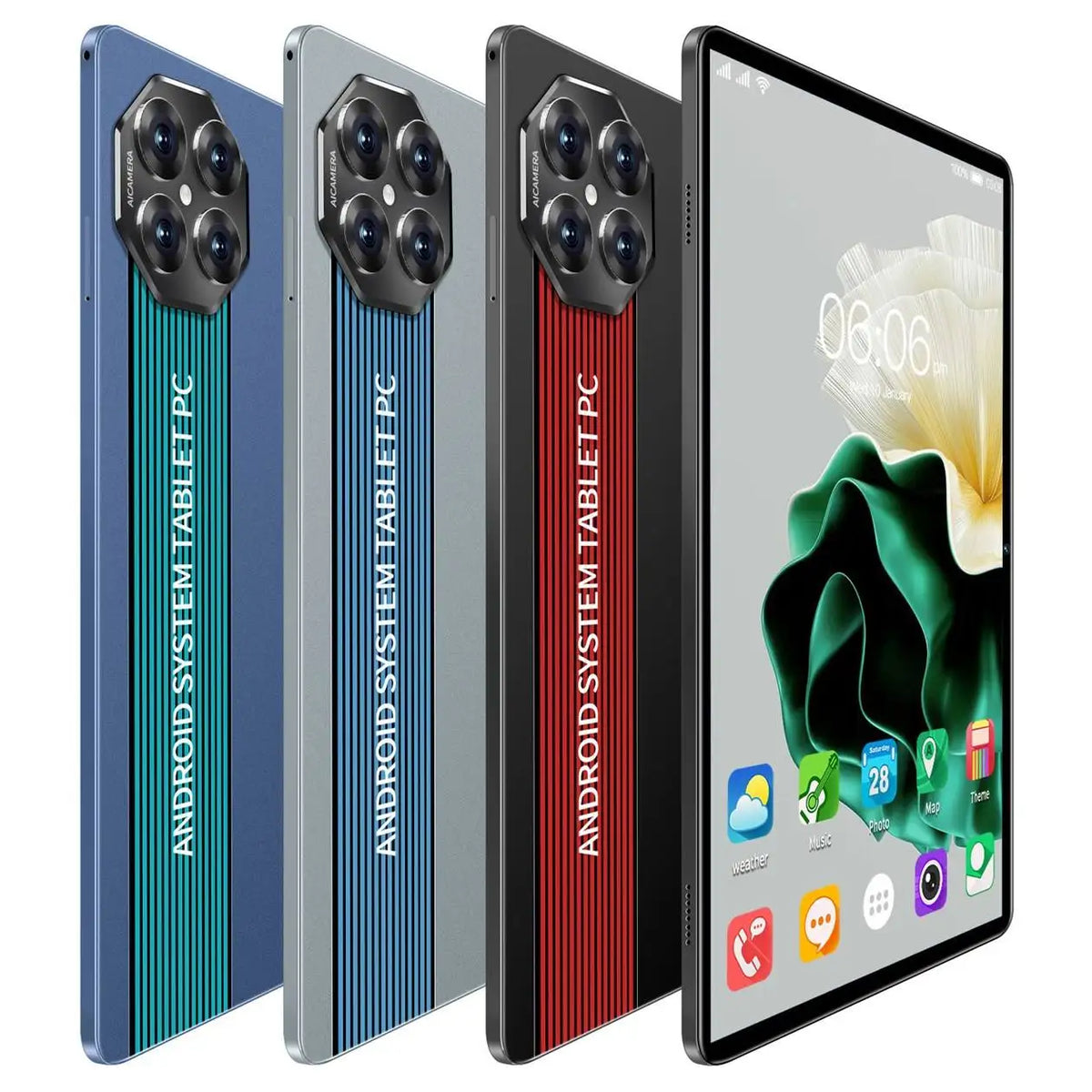 Blue 10.1-inch Android 15 tablet with 12GB RAM, 512GB storage, dual SIM, 5MP and 13MP cameras, capacitive touchscreen, ideal for students.