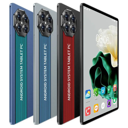 Blue 10.1-inch Android 15 tablet with 12GB RAM, 512GB storage, dual SIM, 5MP and 13MP cameras, capacitive touchscreen, ideal for students.