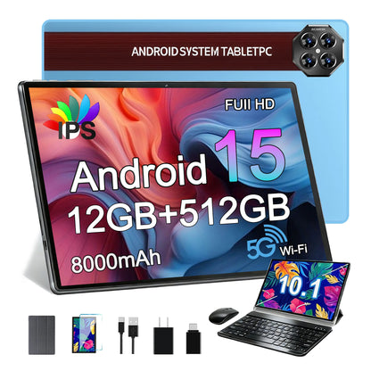 Blue 10.1-inch Android 15 tablet with 12GB RAM, 512GB storage, dual SIM, 5MP/13MP cameras, 8000mAh battery, touchscreen.