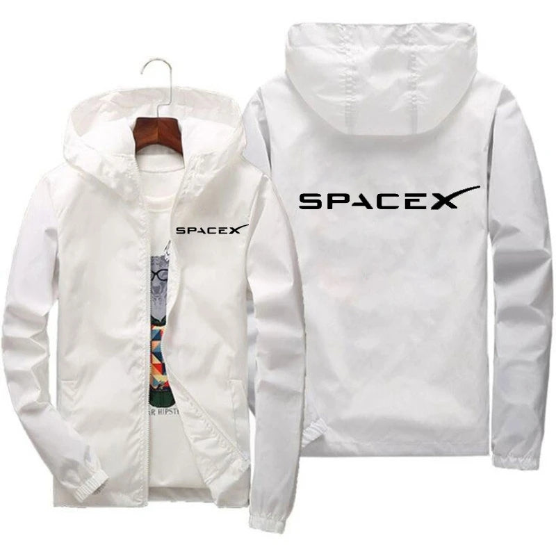 Blue SpaceX logo hoodie for men, casual spring and autumn zip-up jacket with protective racing style design.