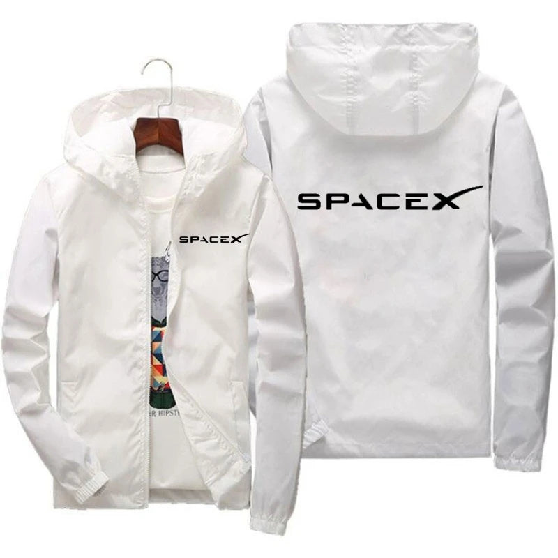 Blue men's SpaceX logo hoodie with zipper, casual style, suitable for spring and autumn, sporty protective jacket.