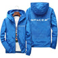 Blue SpaceX logo hoodie for men, casual spring and autumn jacket with protective racing suit style, sporty zipper design.