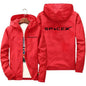 Blue SpaceX logo hoodie for men, casual spring and autumn jacket with zipper, sporty protective racing suit style.