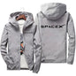 Men's SpaceX logo hoodie in blue, casual spring/autumn zip-up jacket with protective racing suit style design, from BACKUPMYFILESNOW.COM®.
