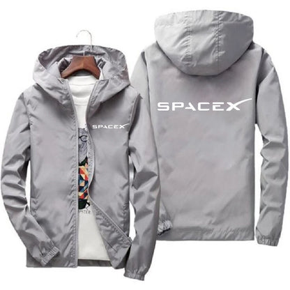 Blue men's SpaceX logo hoodie featuring a zipper, casual design, suitable for spring and autumn, sporty protective jacket
