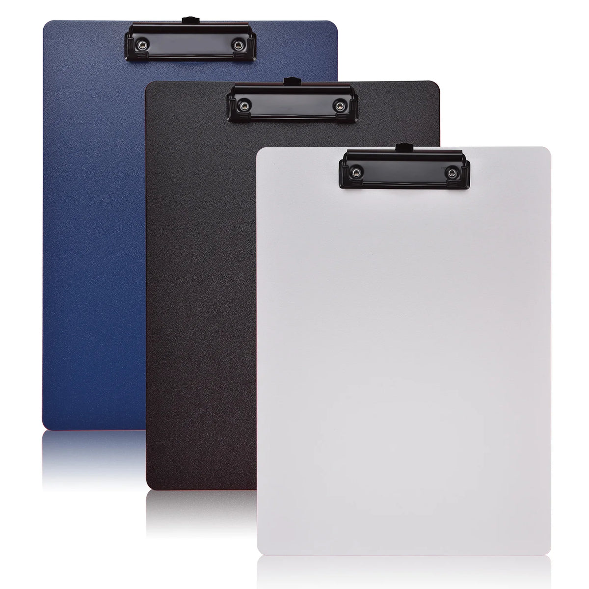 Blue A4 file folder clipboard with writing pad and metal clips, used for storing test papers and school or office documents.