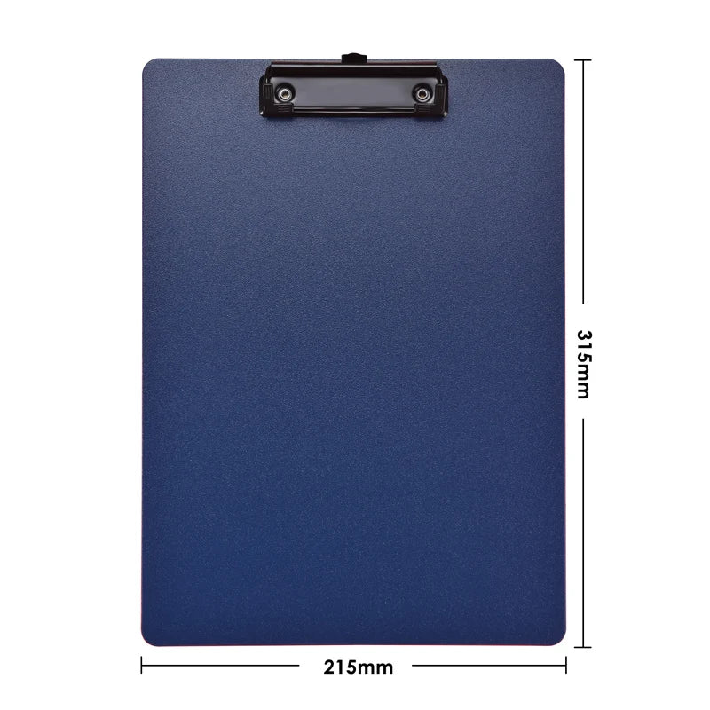 Blue A4 file folder clipboard with writing pad, clips, and test paper storage for school and office organization.