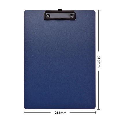 Blue A4 file folder clipboard with writing pad, clips, and test paper storage for school and office organization.