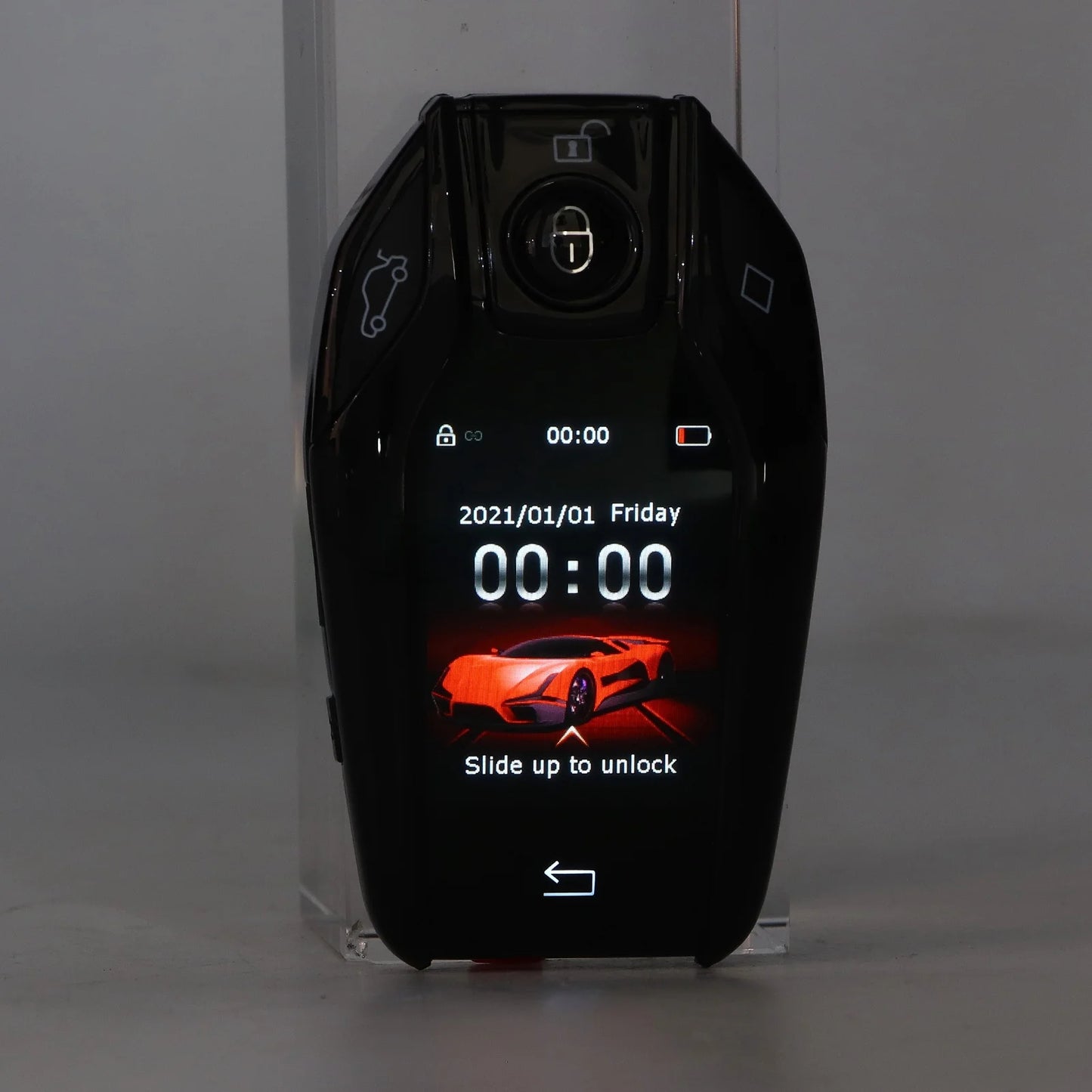 Blue BackupMyFilesNow.com Car Smart Key with LCD touch screen, universal remote keyless entry for start-stop engine button models.