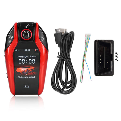 Blue BackupMyFilesNow.com Car Smart Key with LCD touch screen, universal remote for keyless entry and start/stop engine models.