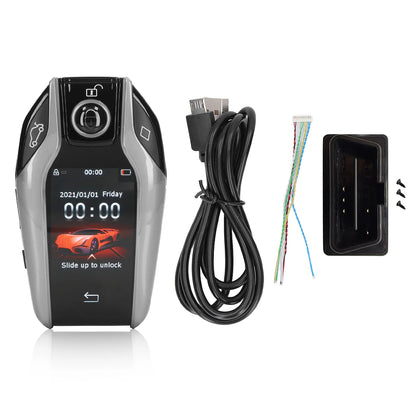 Blue universal car smart key with LCD touch screen, remote keyless entry for all start-stop engine button models