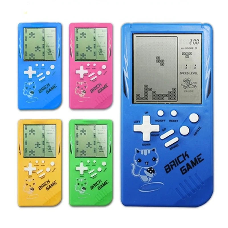 Blue classic handheld game machine for kids with music playback, featuring retro design and simple pleasure games for children.