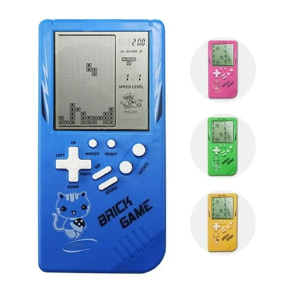 Blue classic handheld game machine for kids with music playback and retro-style children’s games and entertainment.