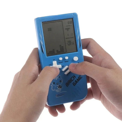 Blue classic handheld game machine for kids featuring retro design, music playback, and simple pleasure games for children.