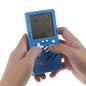 Blue classic handheld game machine by BackupMyFilesNow.com featuring retro kids' game console with music playback and pleasure games.