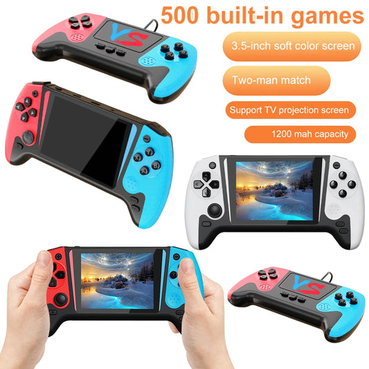 Blue portable gaming console with 3.5-inch LCD screen, built-in 500 games, designed for kids and adults, supports 2 players.
