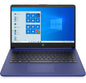 Blue HP Laptop 14-dq0005dx with 14" HD display, Intel Celeron N4020, 4GB RAM, 64GB eMMC, HDMI, Bluetooth, Windows 10 Home in S Mode.