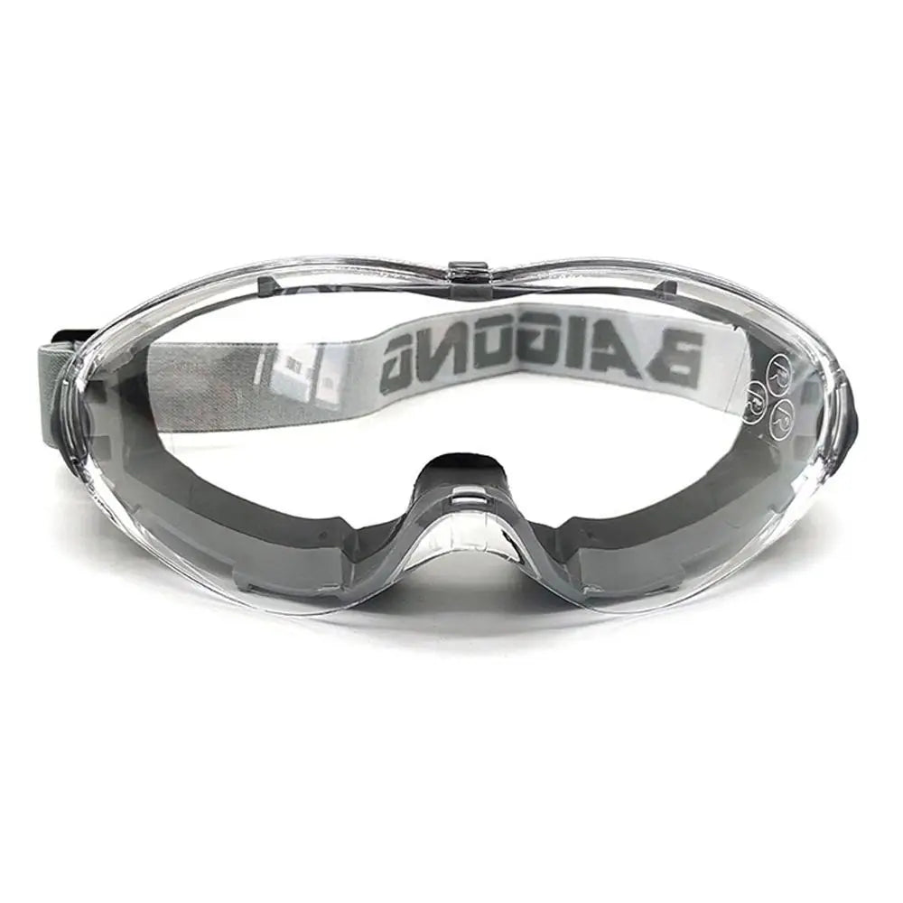 Blue industrial safety goggles with clear anti-fog lenses, designed to fit over glasses for eye protection in lab and industrial settings.