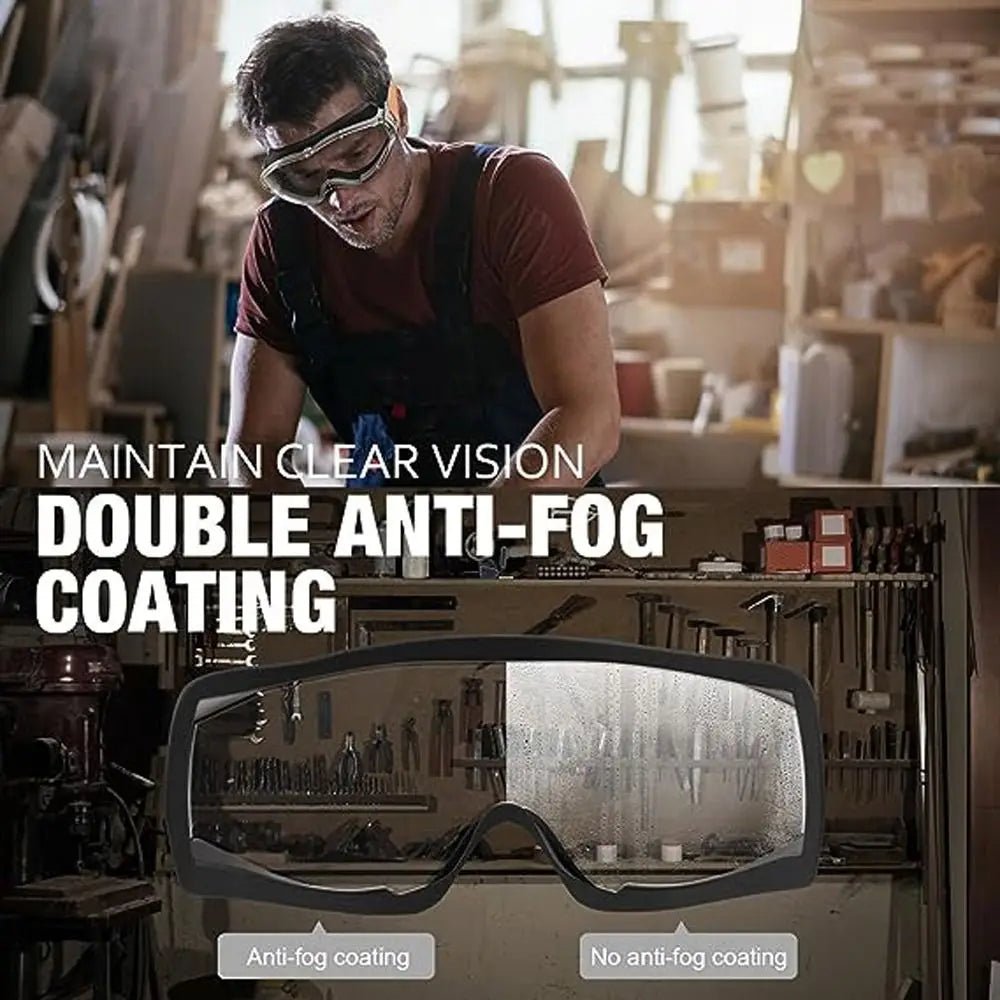 Blue industrial safety goggles with clear anti-fog lenses, designed to fit over glasses for eye protection in lab and industrial settings.