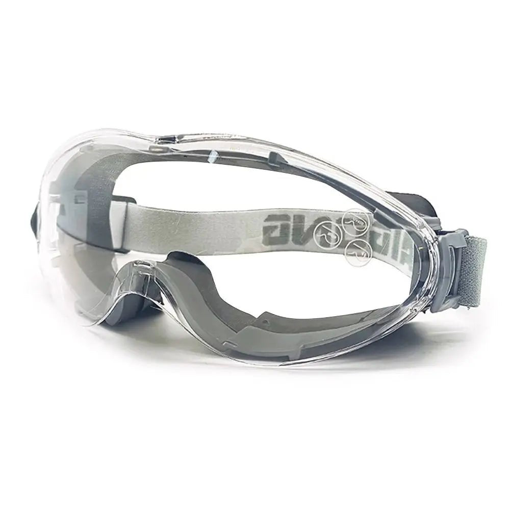 Blue industrial safety goggles with clear anti-fog lenses, designed to fit over glasses for eye protection for men and women.
